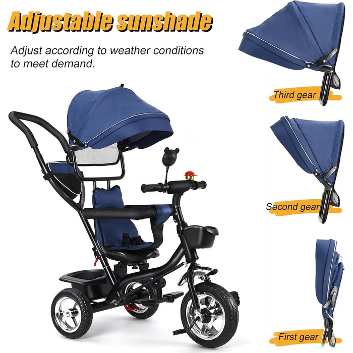 Триколісний велосипед 4 в 1 для дітей від 1 року з батьківською ручкою – дитячий триколіс для 1-4 роки до 25 кг, регульована батьківська ручка, поворотне сидіння, складна тентова система та кошик – компактний та безпечний (Темно-синій)