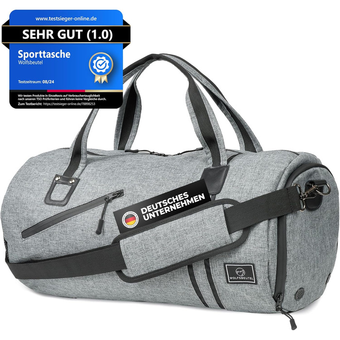 Спортивна сумка WOLFSBÜTEL® 30L: дорожня, для фітнесу, з відділенням для взуття та мокрих речей | Водостійка, сірого кольору
