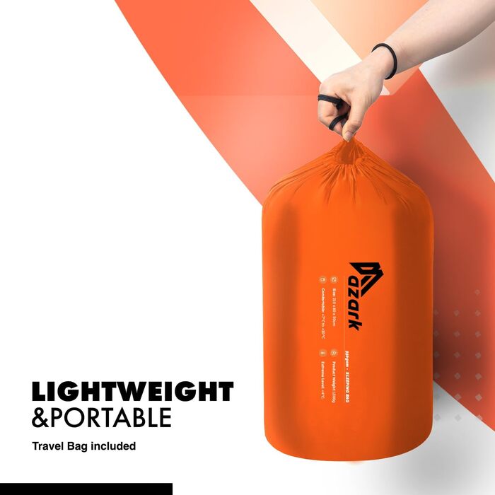 Спальний мішок Azark Premium, 350 г/м², легкий та водонепроникний, 4 сезони, для кемпінгу, піших прогулянок та відпочинку на природі, для дорослих та дітей, помаранчевий