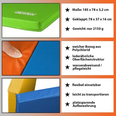 Гімнастичний мат ALPIDEX складаний 185x78x3,2 см, м'який, для дому, дітей та дорослих, кольоровий