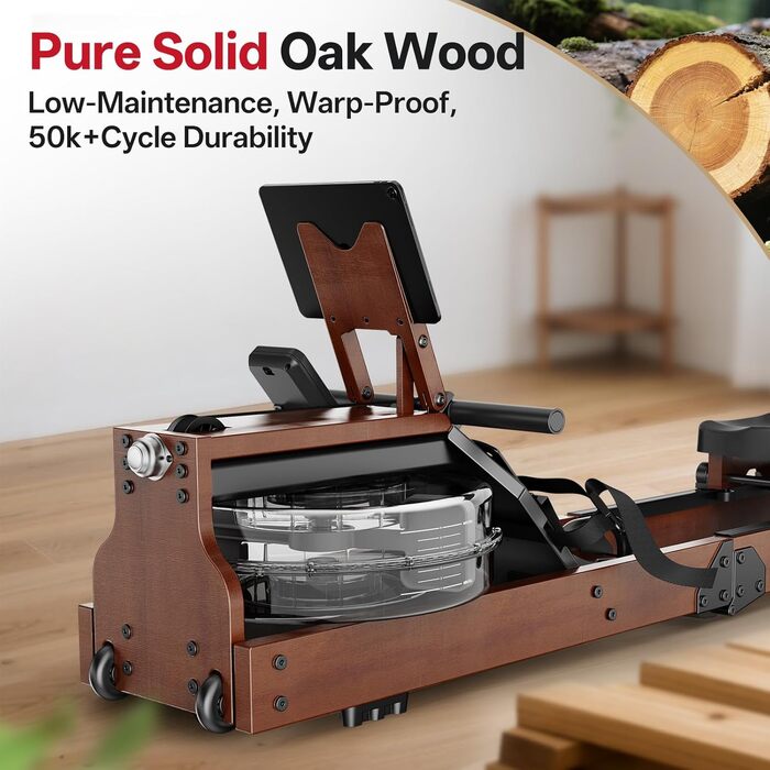 Гребний тренажер JOROTO для дому, дерев'яний, складаний | Bluetooth, сумісність з Kinomap | Макс. вага 150 кг, 16 л резервуар для води