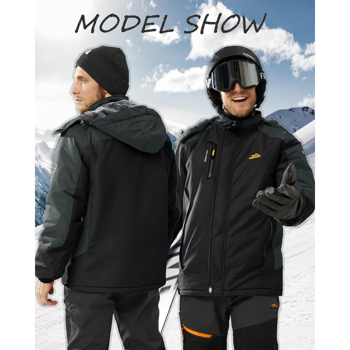 Зимова куртка KEFITEVD для чоловіків: водонепроникна, тепла, з відстібаною капюшоном, флісова куртка Softshell, чорно-сірий (S)