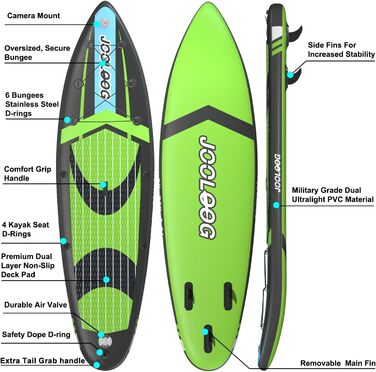 Надувний SUP-борд JOOLOOG Stand Up Paddle Board з сидінням для каяків, 320 x 81 x 15 см (зелений)
