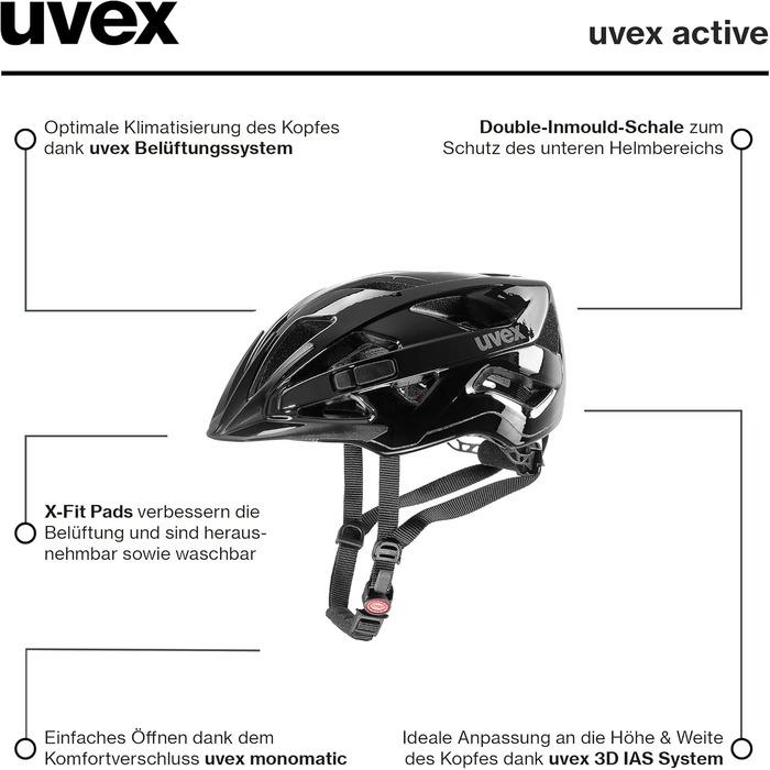 Шолом uvex active: безпечний універсальний шолом для жінок та чоловіків, регульований розмір, розширюється світлодіодним ліхтариком, чорний глянцевий, 52-57 см, Single