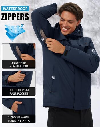 Чоловіча лижна куртка водонепроникна, тепла, дихаюча, для сноуборду та гірськолижного спорту, з капюшоном, Outdoor, темно-синій, розмір S