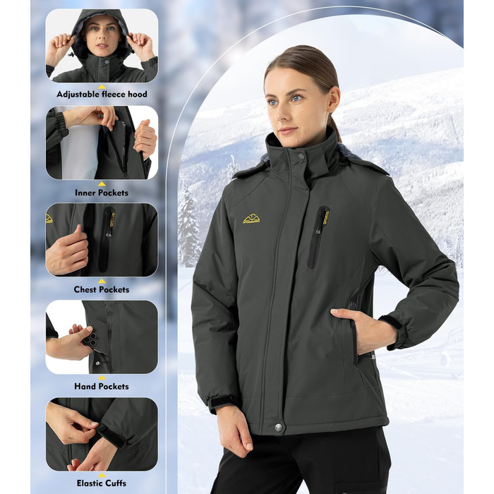 Зимова куртка Daen Outdoor: вітронепроникна, водонепроникна Softshell з флісовою підкладкою, для катання на лижах, функціональна, з капюшоном (M, темно-сірий)