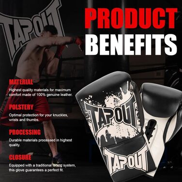 Боксерські рукавички Tapout з натуральної шкіри, Angelus Black/Ecru, 10 унцій, 1 пара
