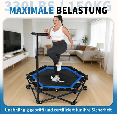 Складаний фітнес-батут для дому з регульованою ручкою, Ø 86.5 см, навантаження до 150 кг, синій — для дорослих та дітей