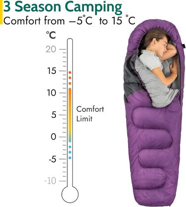 Дитячий спальний мішок Trail Mumienschlafsack 3 сезони для кемпінгу – 300gsm – для хлопчиків та дівчаток – з легким рюкзаком (фіолетовий)