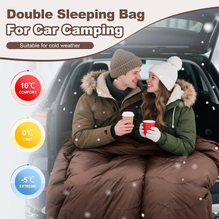Спальний мішок Baumwolle для 2 осіб, зимовий, водонепроникний, Queen Size, для кемпінгу та подорожей на автодомі (колір: коричневий)