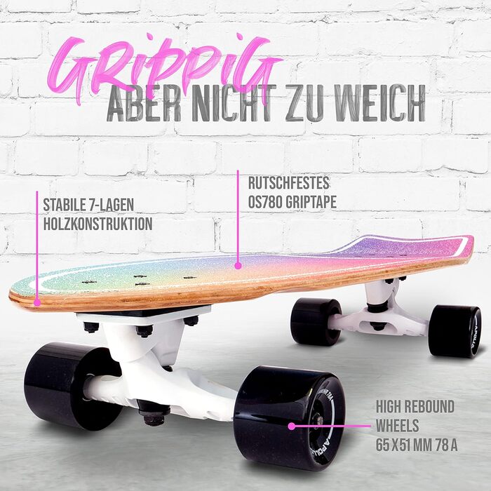 Surfskate Apollo Surfskate Pro Midi Longboard Rainbow: Дошка для серфінгу на асфальті, для дорослих та дітей від 6 років, преміум якість