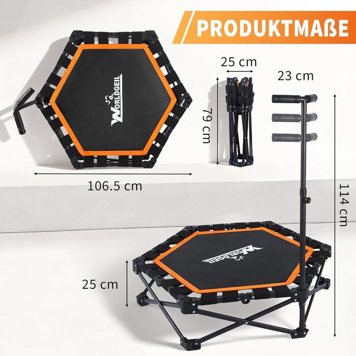 Складаний фітнес-батут для дому з регульованою ручкою, навантаження до 150 кг, діаметр 86.5 см, помаранчевий — для дорослих та дітей