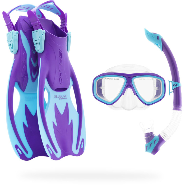 Набір Cressi Junior Rocks Kids для дітей 3-8 років: маска, сухий снорк, ласти та сітчаста сумка (S/M, 26/32, фіолетовий/блакитний)