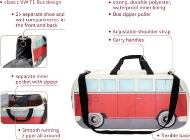 Сумка BRISA Volkswagen T1 Bulli, ретро-спортивна, через плече, велика, червоно-бежева, 60x30x30 см
