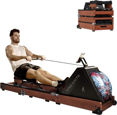 Складний тренажер для веслування, веслувальний тренажер, водонепроникний з 6 рівнями навантаження, для дому, складаний у 3 рази, вантажопідйомність 150 кг, сумісний з додатком, дуб червоний