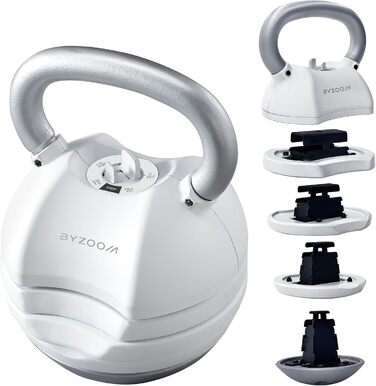 Регульована гиря BYZOOM FITNESS 13,6 кг 5-в-1 для дому, силових тренувань та фітнесу, компактна, для чоловіків і жінок, біла