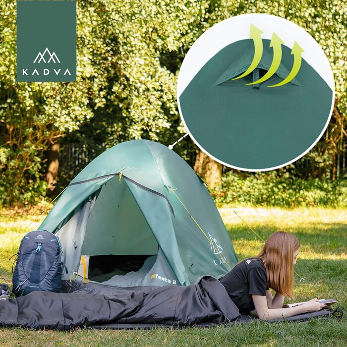 Намет KADVA для кемпінгу Festa 2, 200x120x105 см, на 2 особи, з москітною сіткою, водонепроникний, легкий, міцний, з каркасом з фібергласу, для кемпінгу та піших прогулянок, зелений