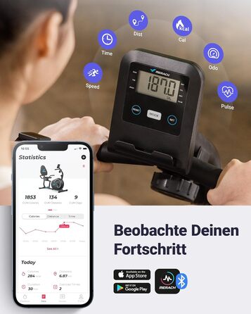 Велотренажер MERACH для дому, 8 рівнів навантаження, Bluetooth, додаток, LCD-дисплей, датчики пульсу, регульована спинка, чорний