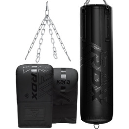 Боксерська груша RDX 145 см з наповнювачем 50 кг, рукавичками та сталевим тросом. Шкіряна, для боксу, фітнесу, кікбоксингу, MMA, муай-тай, карате. Чорний колір, 3 шт.