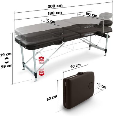 Масажне ліжко VENDOMNIA - алюмінієва, 3 зони, регульована висота, з високоякісною подушкою, сумкою, підлокітниками, складна, коричневе