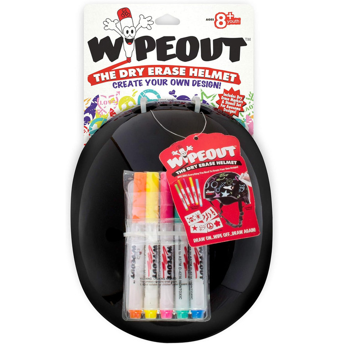 Дитячий велосипедний шолом Wipeout Dry Erase, чорний, для велосипеда, скейта і самоката, індивідуальний дизайн, для дітей від 8 років