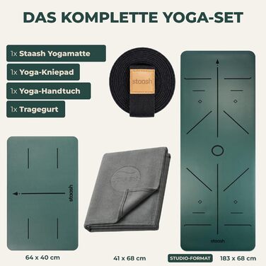 Преміум набір для йоги STAASH: килимок з PU та натурального каучуку (4,5 мм), рушник, ремінь та колінна подушка, поглинаючий та протиковзкий, Dark Evergreen