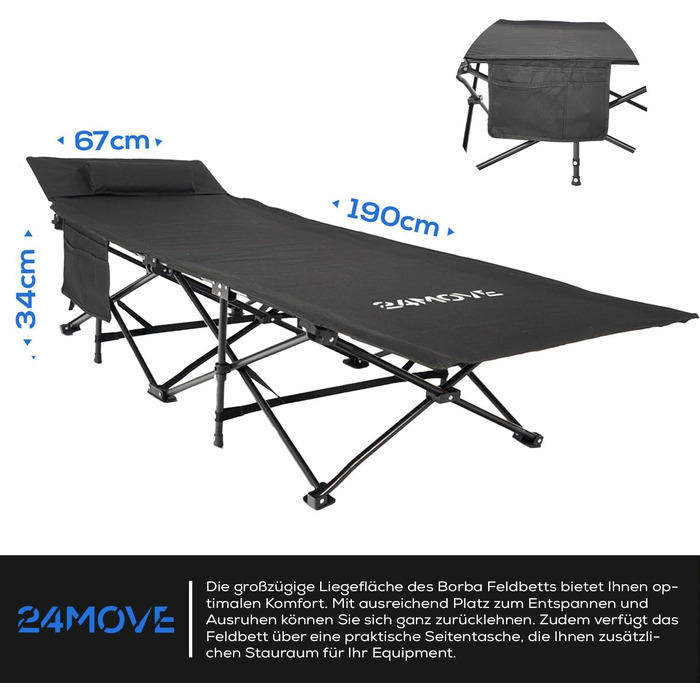 Розкладне ліжко 24MOVE® для кемпінгу та відпочинку на природі, 190x67x34 см, чорне