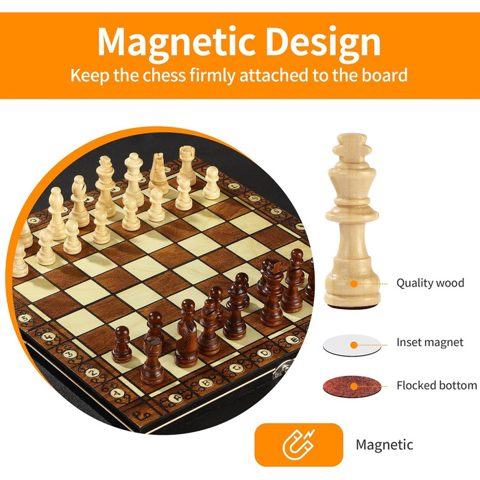 Набір для гри в шахи 3-в-1, дерев'яний, магнітний, 29 x 29 см. Шахи для дітей, для ігор, сімейних вечірок