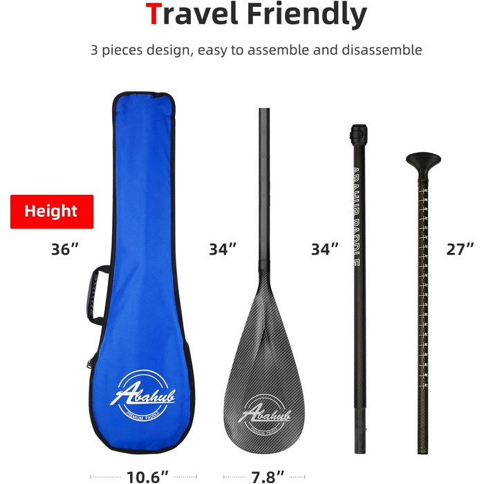Abahub SUP весло 3-в-1 з карбону, телескопічне, 170-218 см, з сумкою, для сапборду, сірий карбоновий малюнок
