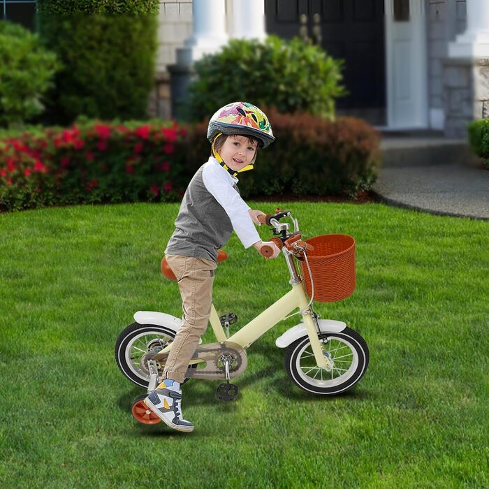 Дитяче велосипед 12 дюймів, 2-4 роки, регульована висота, з додатковими колесами та кошиком. Підходить для хлопчиків та дівчаток (жовтий)