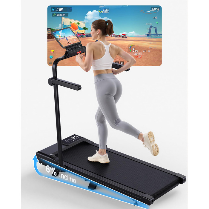 Бігова доріжка Walking Pad 4-в-1 з нахилом 6%, 12 км/год, складна, з APP та пультом, до 136 кг, чорна