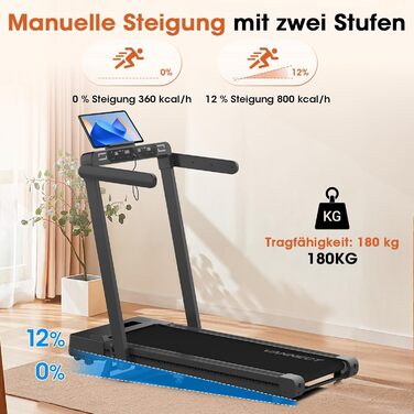 Walking Pad VANNECT: компактний біговий тренажер для дому з регулюванням нахилу, LED-дисплеєм, пультом керування, потужністю 3.0HP та вагою до 180 кг (чорний)