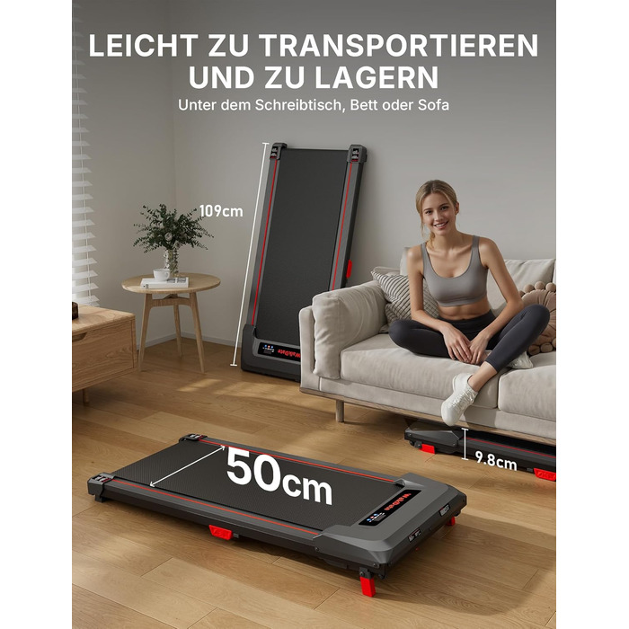 Біговий доріжка з нахилом 5%, компактна під стіл для дому та офісу, портативна бігове обладнання з LED дисплеєм, пульт дистанційного керування, вантажопідйомність 150 кг, 2.5HP, тихий двигун, чорний