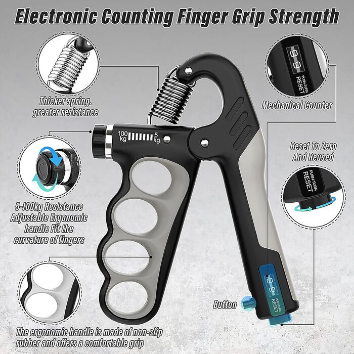 Ryaco Handtrainer: Розширювач для пальців та рук (5-100 кг), 6 предметів - тренажер для кисті, силовий хват, м'ячик для зняття стресу
