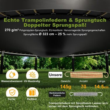 Трамплін Devoko Outdoor Ø 228/305/366/427 см з сіткою безпеки, сходами та мішком для взуття. Сертифікат TÜV Rheinland GS. Трамплін для саду, великий круглий батут для дітей.