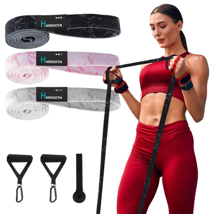 Набір з 3 еластичних стрічок для фітнесу - антиковзкі, дихаючі та еластичні - стрічки для м'язів, йоги, пілатесу та тренувань всього тіла - миються, довговічні та з сумкою. Довгі фітнес-стрічки з марочним дизайном.