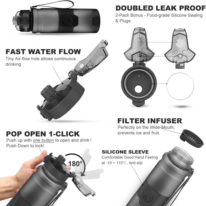 Спортивна пляшка ZORRI 700 мл, 1 л, 500 мл, 400 мл - BPA Free, для води, з содовою, без витоку, еко-пляшка для дітей, школи, спортзалу, фітнесу, велосипеда, сіра