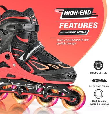 Дитячі ролики 2PM SPORTS з регулюванням, світлові, для дівчаток та хлопчиків (червоні, розмір EU 30-33)