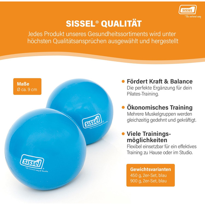 Сет з 2 тонізуючих м'ячів SISSEL Pilates 900 г, для балансу та сили, універсальні для тренування рук, плечей та верхньої частини тіла, компактні, ефективні, колір