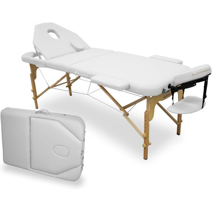 WELLCORE масажний стіл з дерева, складаний, з регульованою спинкою, 185x65 см, екошкіра, висота регулюється, знімний підголівник, отвір для обличчя, білий, навантаження до 225 кг