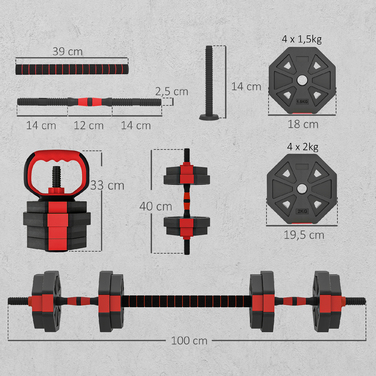 Набір гантелей SPORTNOW 4-в-1: штанга, гантелі, короткі гантелі, регульована вага 15 кг для силових тренувань вдома