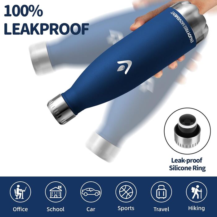 Фляга для води 750 мл, нержавіюча сталь, без BPA, з подвійними стінками, герметична, для спорту, фітнесу, подорожей, кемпінгу, велосипеду, зелений мох (750 мл, Темно-синій-1)