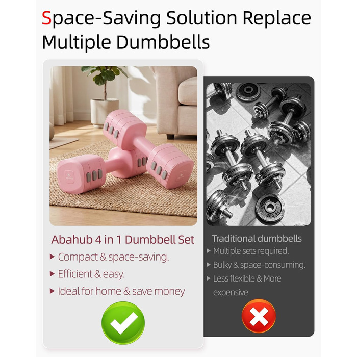 Набір гантелей Abahub 4-в-1, регульовані штанги для дому, фітнесу та силових тренувань. Ідеально для жінок та початківців, рожеві гантелі 1-2.5 кг (2 шт.)