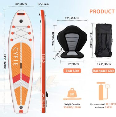 Надувна SUP-дошка CYFIE 320x81x15 см, комплект аксесуарів, сидіння для каяка, для дітей і дорослих, максимальне навантаження 150 кг