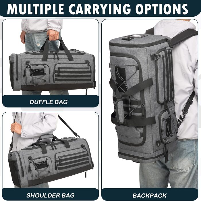 Спортивна сумка 50L для чоловіків 3-в-1 з відділенням для мокрого одягу та взуття, рюкзак, дорожня сумка, валіза ручної поклажі, сумка для тренувань, залу, плавання, подорожей (сіра)