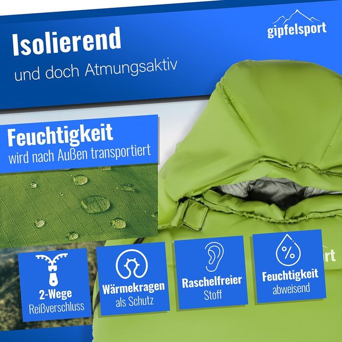 Сплячий мішок Gipfelsport Ultraleicht 4 сезони [-20°C - 15°C] | Ultralight, для кемпінгу, трекінгу та подорожей, -5°C, блакитний/зелений