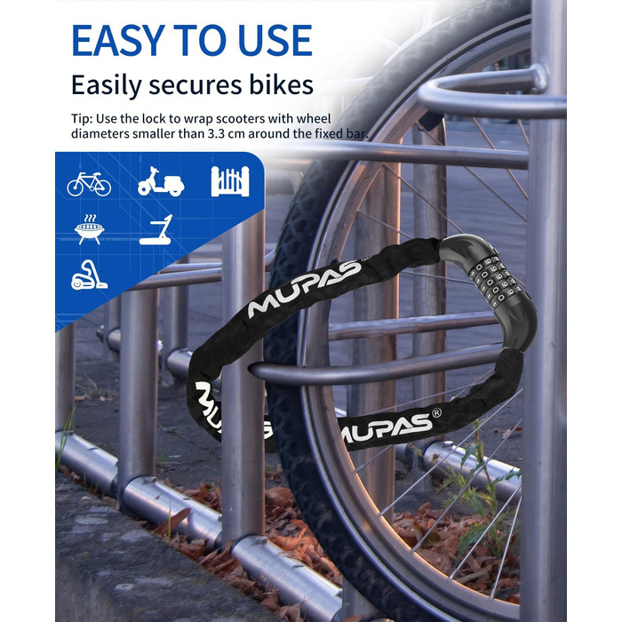 Замок для велосипеда з 5-значним кодом, сталевий, протиугінний, велосипедна ланцюгова засувка, чорний