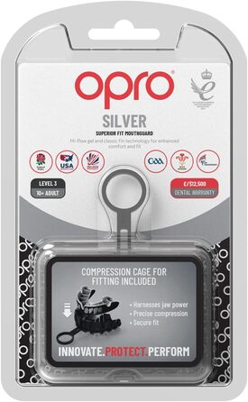 Захисна капа OPRO Silver для дорослих і дітей, чорна/срібна, з футляром, для хокею, лакросу, регбі, ММА, боксу та BJJ, інноваційна технологія підгонки (10+ років)