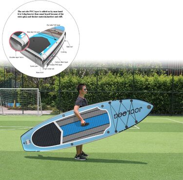 Надувний SUP Board JOOLOOG Stand Up Paddle Board 300кг, 6 дюймів товщини, з аксесуарами для веслування, для дорослих та підлітків, довжина 10'2/10'5, 320 x 81 x 15 см (зелено-сірий, з синім сидінням та кріпленням для камери)