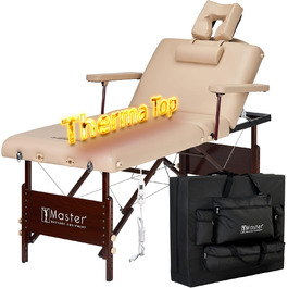 Складний масажний стіл Master Massage з підігрівом, регульована спинка, шкіра/дерево, 71 см, бежевий, для салону та косметології